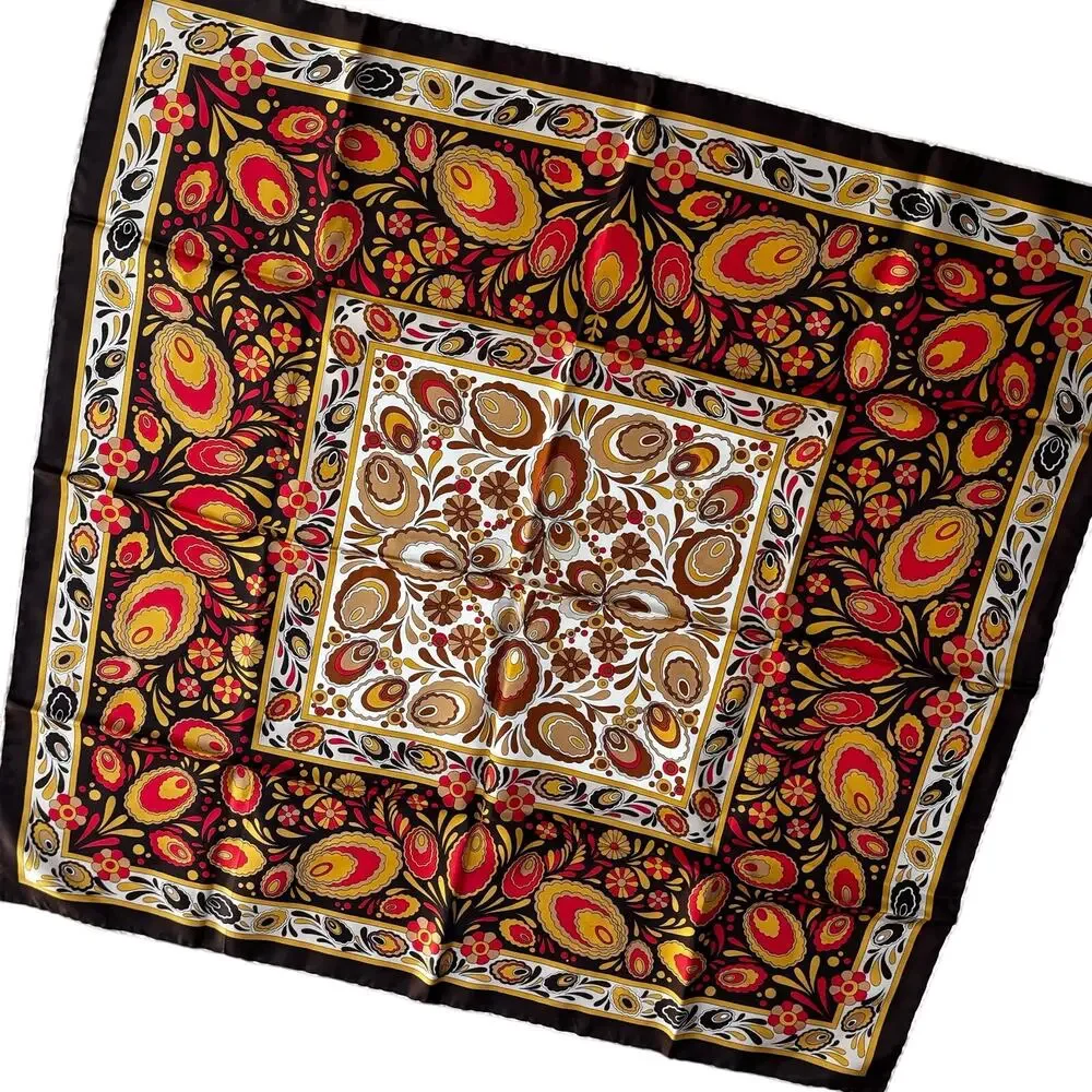 Vintage 70s silky square scarf brown tan gold orange paisley print hand rolled